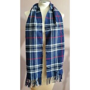 Vintage Scarf Wrap Plaid Fringe Navy Blue White Red 64x12" Soft Preppy Warm 80s
